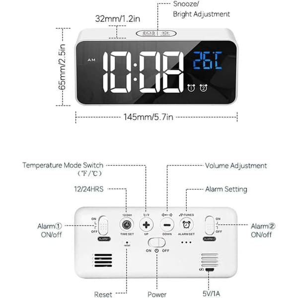 Digital väckarklocka, LED-väckarklocka med snooze-funktion, USB-laddning (vit)
