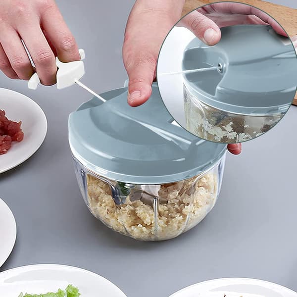500 ml løkhakker med 3 kniver i rustfritt stål, grønnsakskutter og mikser, multihakker Blue
