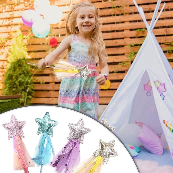 4 st magiska fe-stavar för flickor - Prinsessstavar för bröllopsfest, födelsedagsfest (rosa, lila, guld, blå)