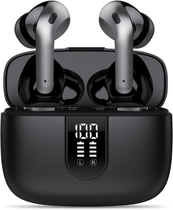 Trådløse øretelefoner Bluetooth med mikrofon, 40 timer IPX7 vanntett USB C trådløs (svart)