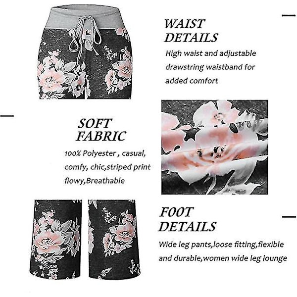 Kvinnors blommiga mönstrade vida ben långa byxor, pyjamasbyxor, casual byxor, strandbyxor (svart, M) Black m