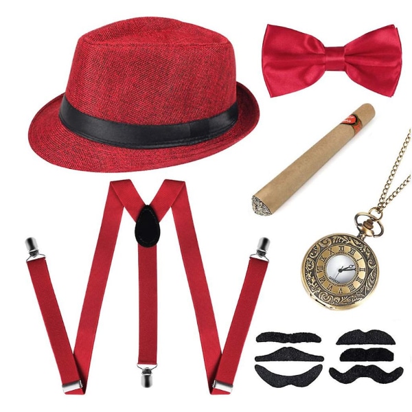 Herr Accessoar Set Y Rem Sling Gangster Slips Näsduk Fickur Cosplay (Röd) Red