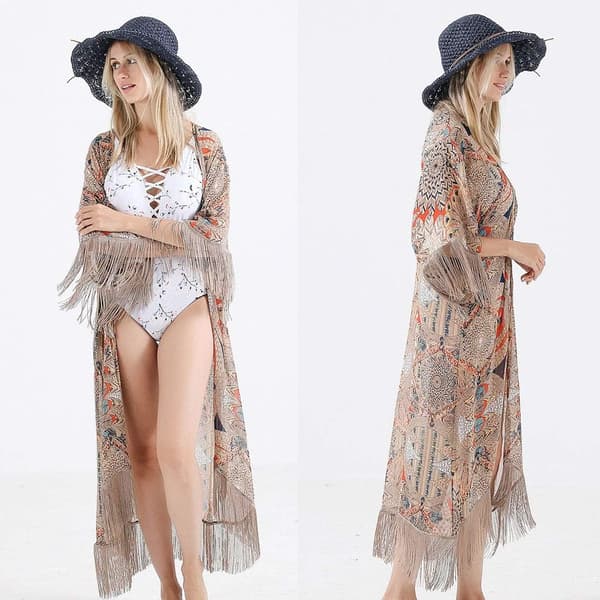Dame Sommer Halværme Chiffon Cardigan Blomstret Trykt Frynser Kvast Patchwork Bikini Cover