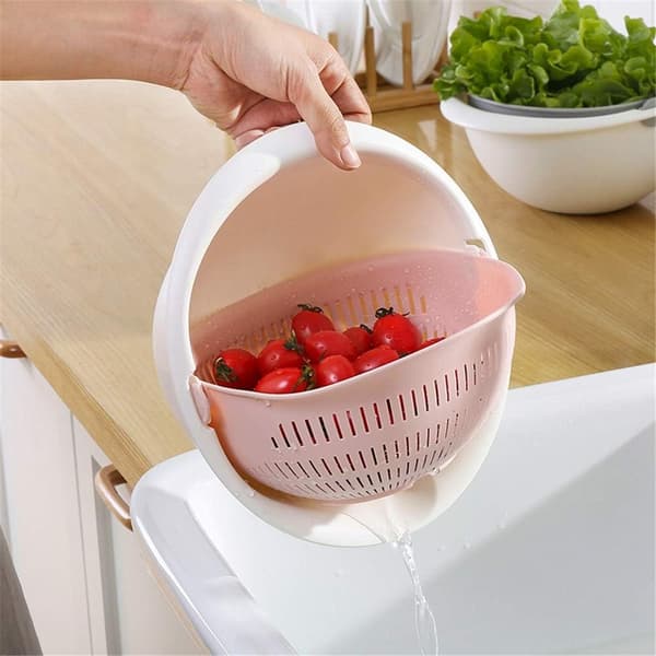 Dubbelskikts dräneringskorg för frukt och grönsaker (rosa)