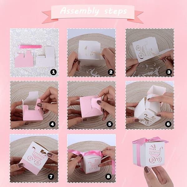 Paket med 50 presentaskar, presentask för nyfödda bebisar, presentaskar för fester, presentask med bandgodis (rosa) Pink
