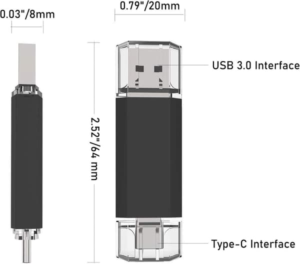 USB-tallennustila 64 Gt 2-in-1 Type-C-muistitikku USB-C-älypuhelimille, tableteille