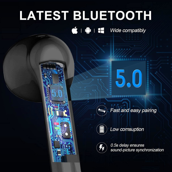 Äkta trådlösa hörlurar med mikrofoner, IPX6 vattentäta 5.0 Bluetooth hörlurar med laddningsfodral för LED- case