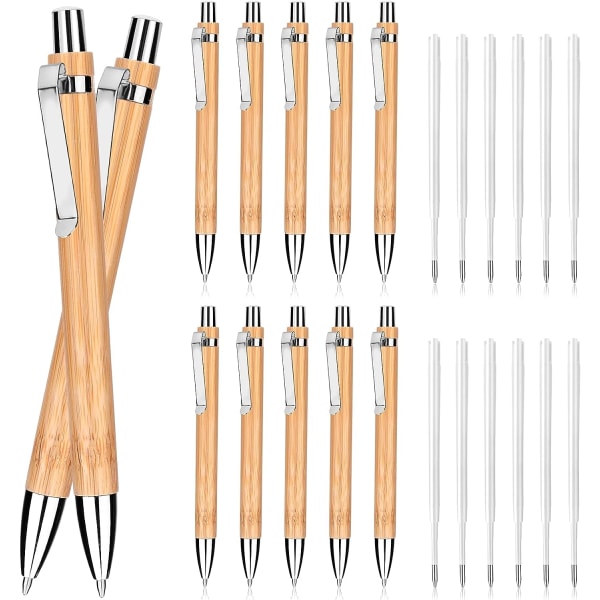 24-pack 1 mm indragbara bambu kulspetspennor och refill, svarta bläckpennor (12 pennor + 12 refills)