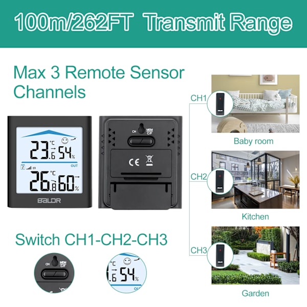 Trådlös väderstation med utomhussensor, digital termometer och hygrometer för inomhus- och utomhustemperatur, justerbar bakgrundsbelysning (svart) black