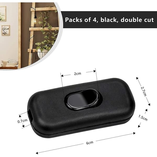 Vippekontakt, 4 stk. Inline Bipolar Switch Inline Ledningskontakt 6A, 250V Vippekontakt til små apparater eller lamper (sort)