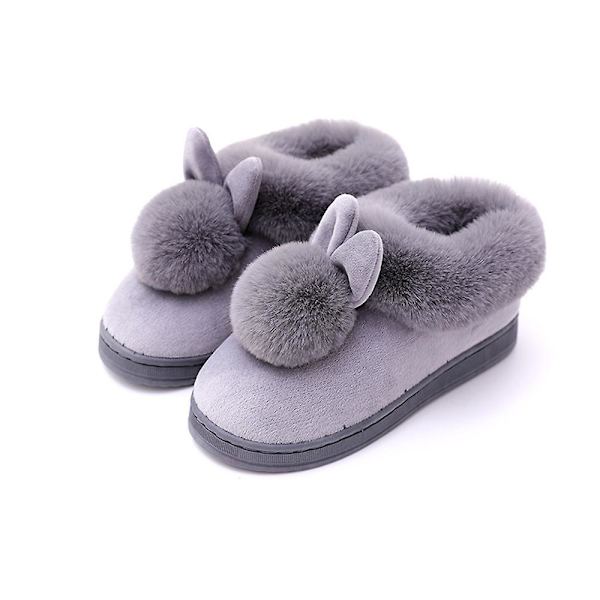 Långörade kaninslippers varma tofflor dam bomullsskor (storlek 35-36) Grey size35-36