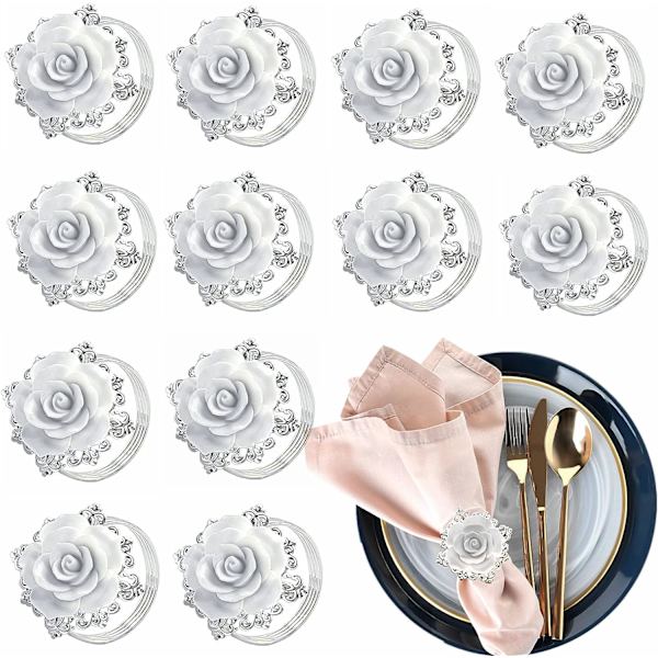 Blomservett Ringar Set om 10, Silver Vit Ros Servett Spännen Elegant Blommig Bordsdekoration
