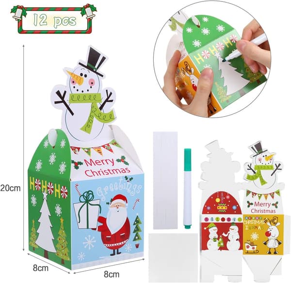 12 st mini presentförpackning små pappersgodisaskar med julelelement snögubbe