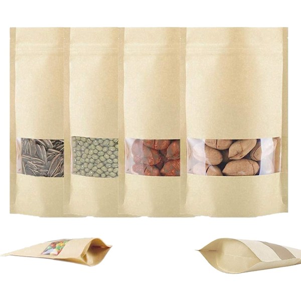 100 st med transparent fönster Kraftpapperspåsar Dragkedjepåsar Återanvändbara Stå upp påsar för livsmedel Te Kaffe Torkad frukt (9x14CM)