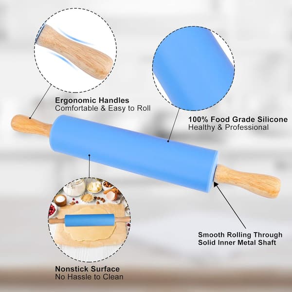 Non-stick kjevle i silikon med trehåndtak 2 stk (blå+oransje)