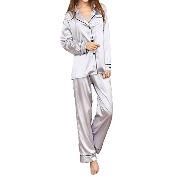 (XXL) Set långärmad nattklädespyjamas för kvinnor i mjuk sidensatäng silver XXL