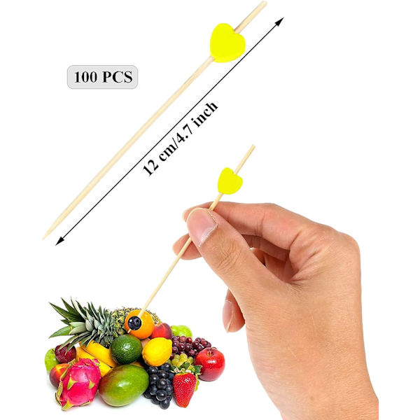 100 st 12 cm hjärtformade cocktailpinnar, för dekorerad mat, karneval födelsedagsfest (gul) Yellow