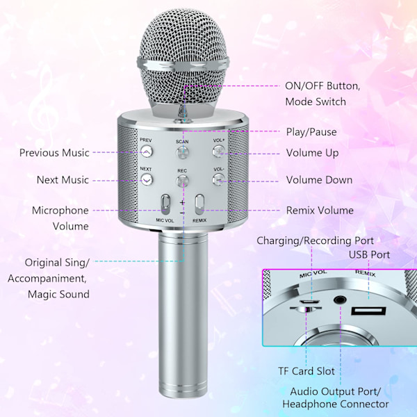 5 i 1 barn Bluetooth-mikrofon med högtalare, bärbar mikrofonleksak (silver)