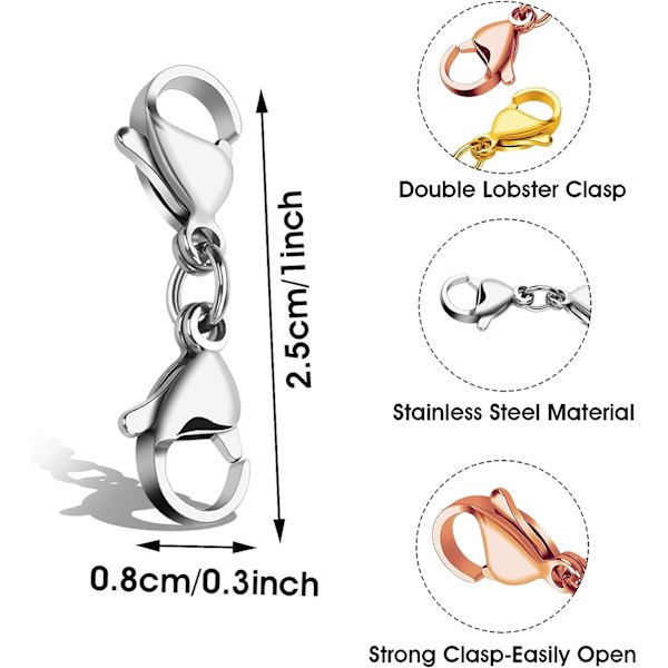 6 st Dubbla Hummerlås, Rostfritt Stål Armband Förlängare (Silver + Guld + Roséguld)