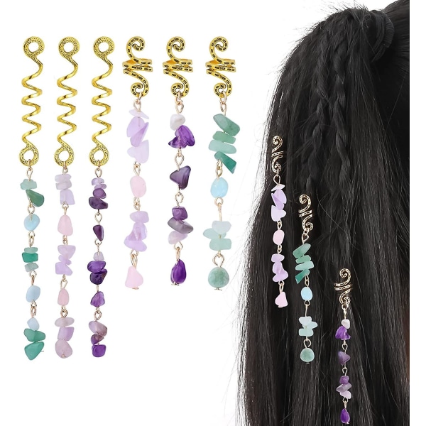6 stycken flätade smycken hänge hår färgglada natursten dekoration berlocker för kvinnor flickor