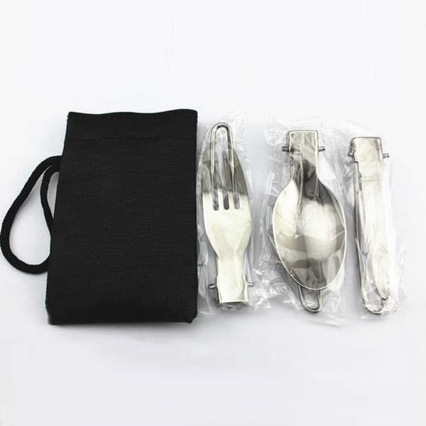 Camp Flatware Sets, Rostfritt Stål Sked Gaffel Kniv & Nylon Förvaringsväska, Fällbar