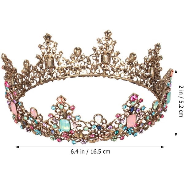 Stor barock krona, färgglad strass kristall rund krona Vintage bronslegering Tiara