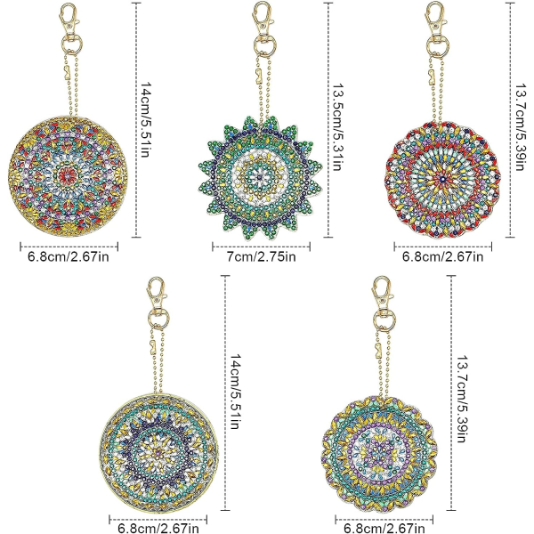 Paket med 5 5D DIY Diamond Painting Mandala nyckelring, Diamond Painting Keychain