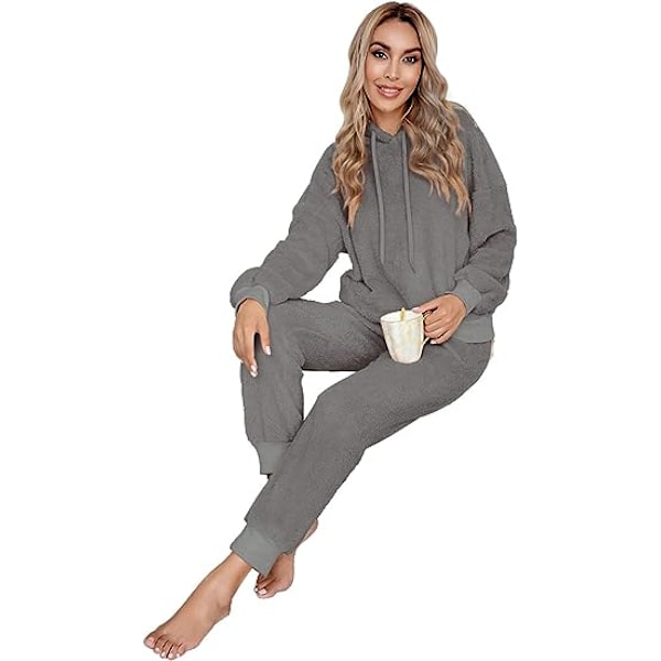 Dam Fuzzy Sherpa Fleece Pyjamas Set, Långärmad Hoodies Pyjamas Byxor 2 Delar Outfits Loungewear Sleepwear(mörkgrå,m) m