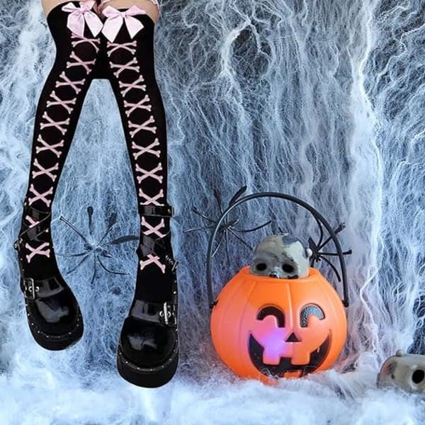 Kvinders Halloween Skull Gothic Sorte Strømper Skeletben Lårhøje Over Knæ Strømper Cosplay Strømper