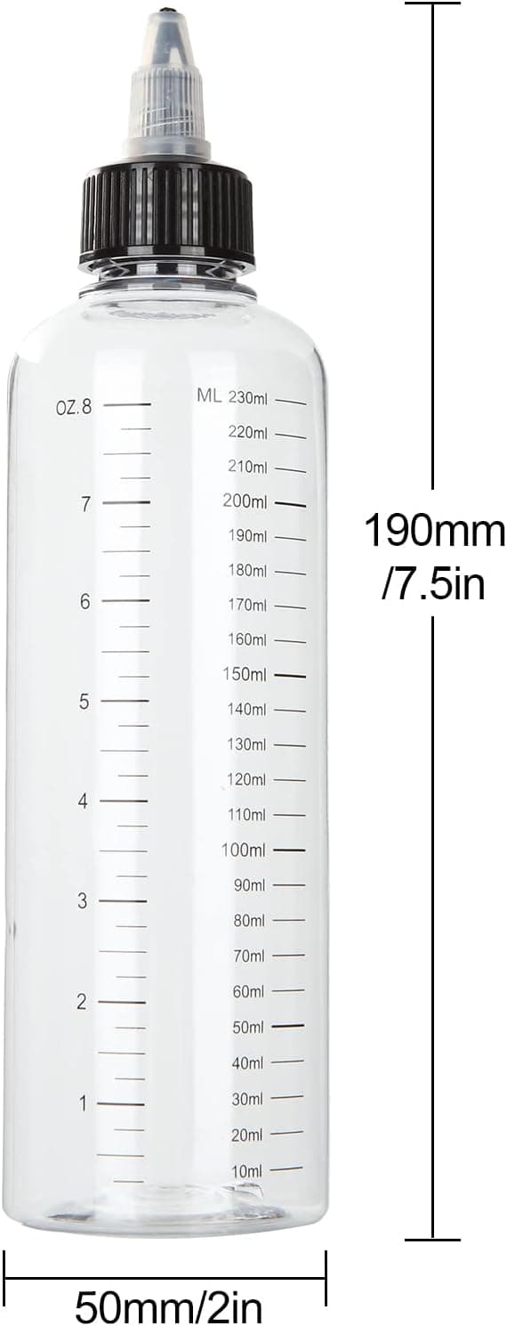 12 st graderade fördelningsflaskor 250 ml plast med svart skruvlock, klämflaska med skala