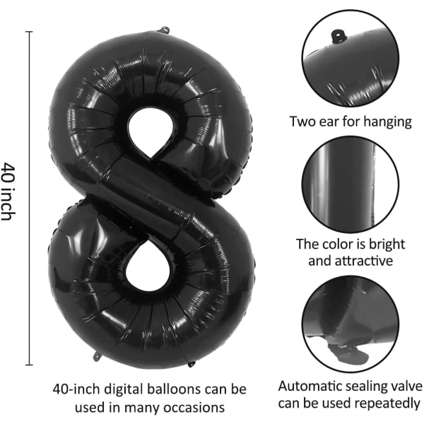 1 st 40 tum stor digital folieballong för födelsedagsfestdekorationer (svart, 8) Black 8