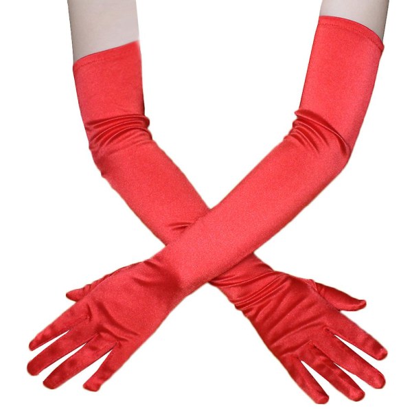 Förlängda kvällshandskar armbågshandskar bal satinhandskar danshandskar (röd) red