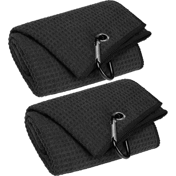 2-pack 16" x 24" Tri-fold golfhanddukar, premium mikrofibertyg våffelmönster (svart) black