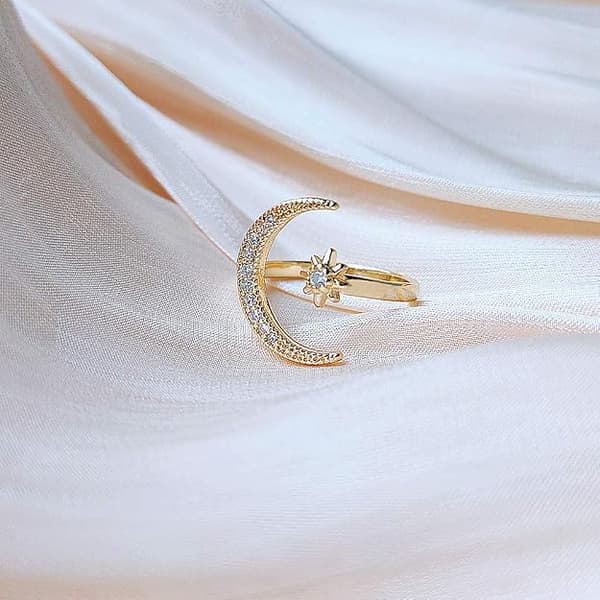 Stjerne Måne Cubic Zirconia Ring Indlagt Ring Åben Ring Fingergave Til Kvinder (guld)