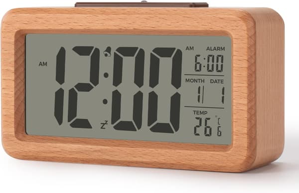 Alarm LCD elektronisk vekkerklokke med slumrefunksjon, temperatursensor (brunt nattlys)