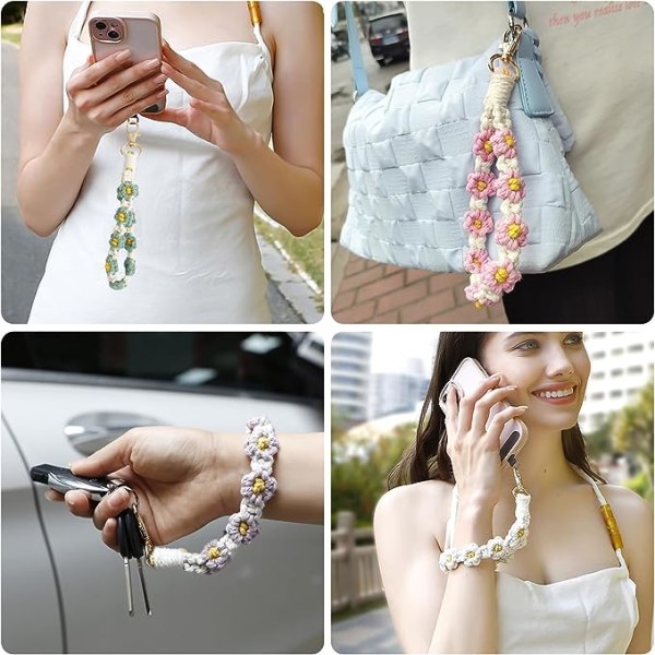 2ST Macrame Armband Nyckelring Daisy Weave Handgjord Boho Rope Telefonhållare för kvinnor Flickor（vit+rosa） color 2
