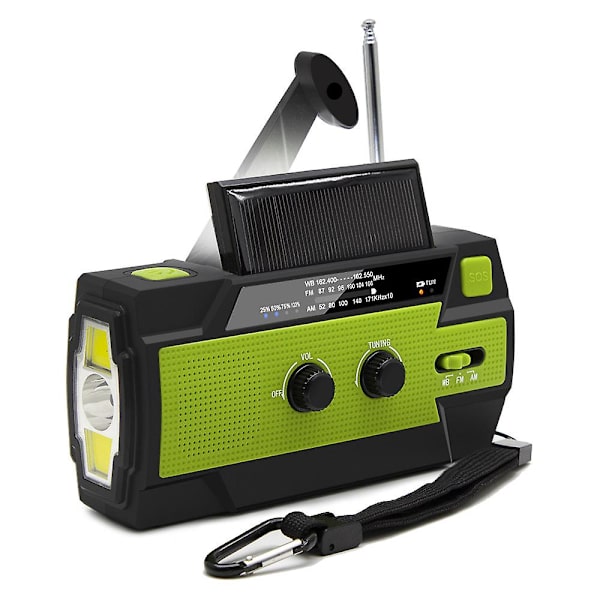 Nödväderradio, solcellsdriven vevradio, bärbar NOAA-väderradio med ficklampa och rörelsesensorlampa, mobiltelefonladdare, SOS-larm green