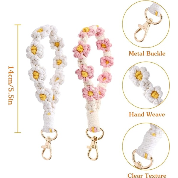2ST Macrame Armband Nyckelring Daisy Weave Handgjord Boho Rope Telefonhållare för kvinnor Flickor（vit+rosa） color 2