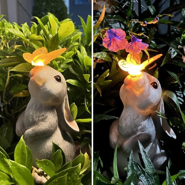 Kaninfigur Hagedekorasjon Harpiks Kanin Vår Sommerfugler Solcellelys (Grå)
