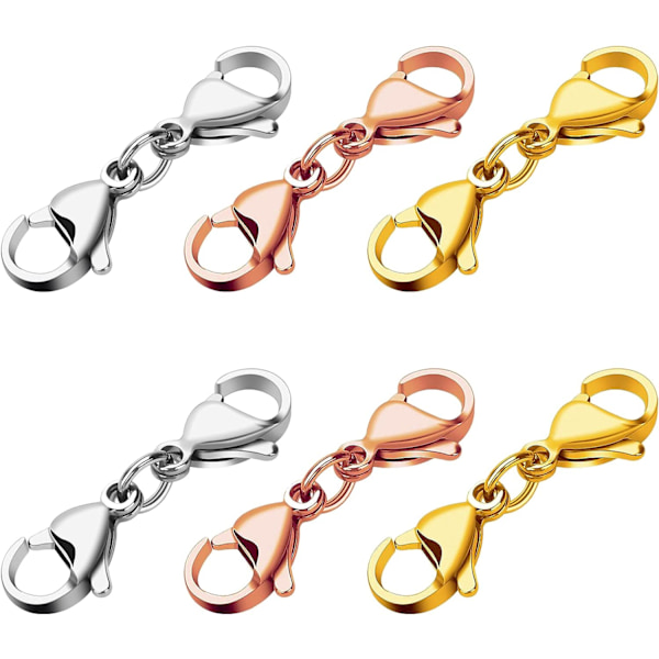 6 st Dubbla Hummerlås, Rostfritt Stål Armband Förlängare (Silver + Guld + Roséguld)
