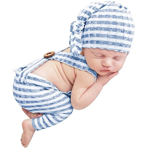 Nyfödd babyfotografering rekvisita kläder randig jumpsuit romper knut mössa för 0-2 månader (blå) color 2