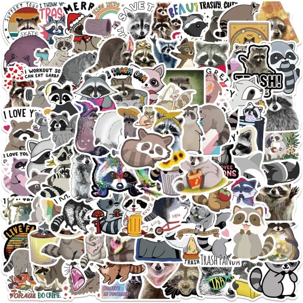 Raccoon klistermärken för bärbar dator 100 st, klistermärken för vattenflaska, söta djur vinyl klistermärken för skateboard, cykel