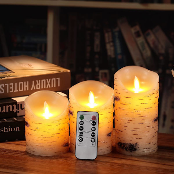LED-ljus 3-delars set björkbarkelektroniskt ljus 10 knappars fjärrkontroll