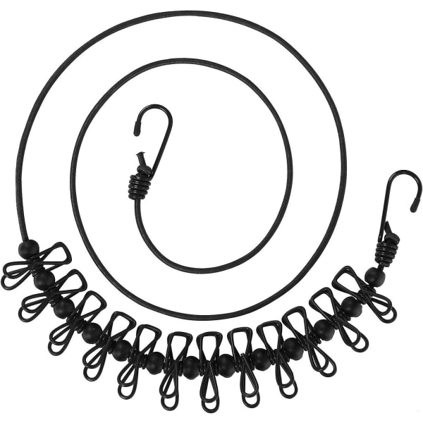 11 fot svart vindtät klädstreck med 12 svarta klämmor, justerbar klädlinje (svart)