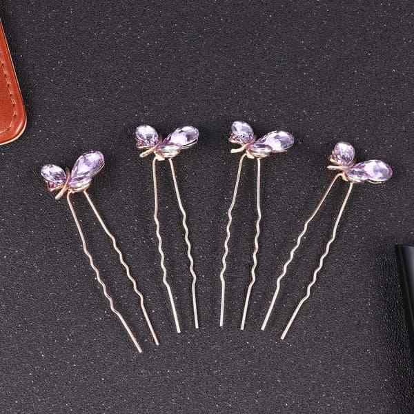 4 stk krystallhårnåler Rhinestone U-formede hårspenner Sommerfuglformet hårgaffel (lilla)