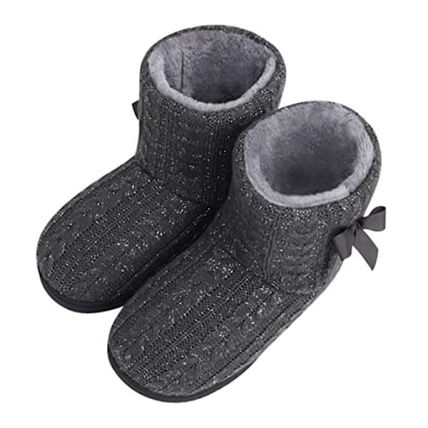 Kvinnor Stickad Bootie Toffel Varma Tofflor Plyschfodrad Anti-Slip grey 23.5 cm