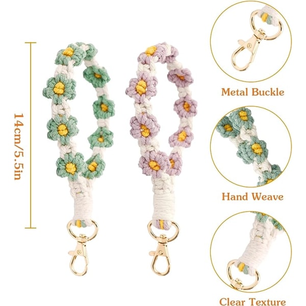 2ST Macrame Armband Nyckelring Daisy Weave Handgjord Boho Rope Telefonhållare för kvinnor Flickor（lila+grön） color 1