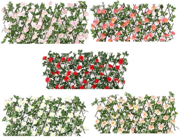 Expanderbar konstgjord staket med blommor, häckpaneler i trä, hopfällbart spaljéstaket