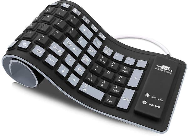 Fleksibelt tastatur, vandtæt foldbart bærbart blødt silikone tastatur USB kablet roll-up (sort+grå)