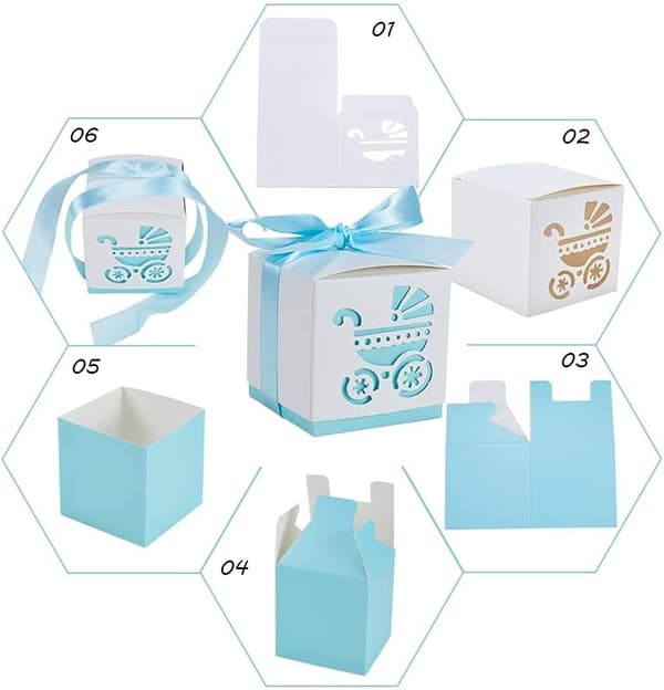 Paket med 50 presentaskar, presentask för nyfödd bebisdop, festpresentaskar, presentask med band (blå) Blue